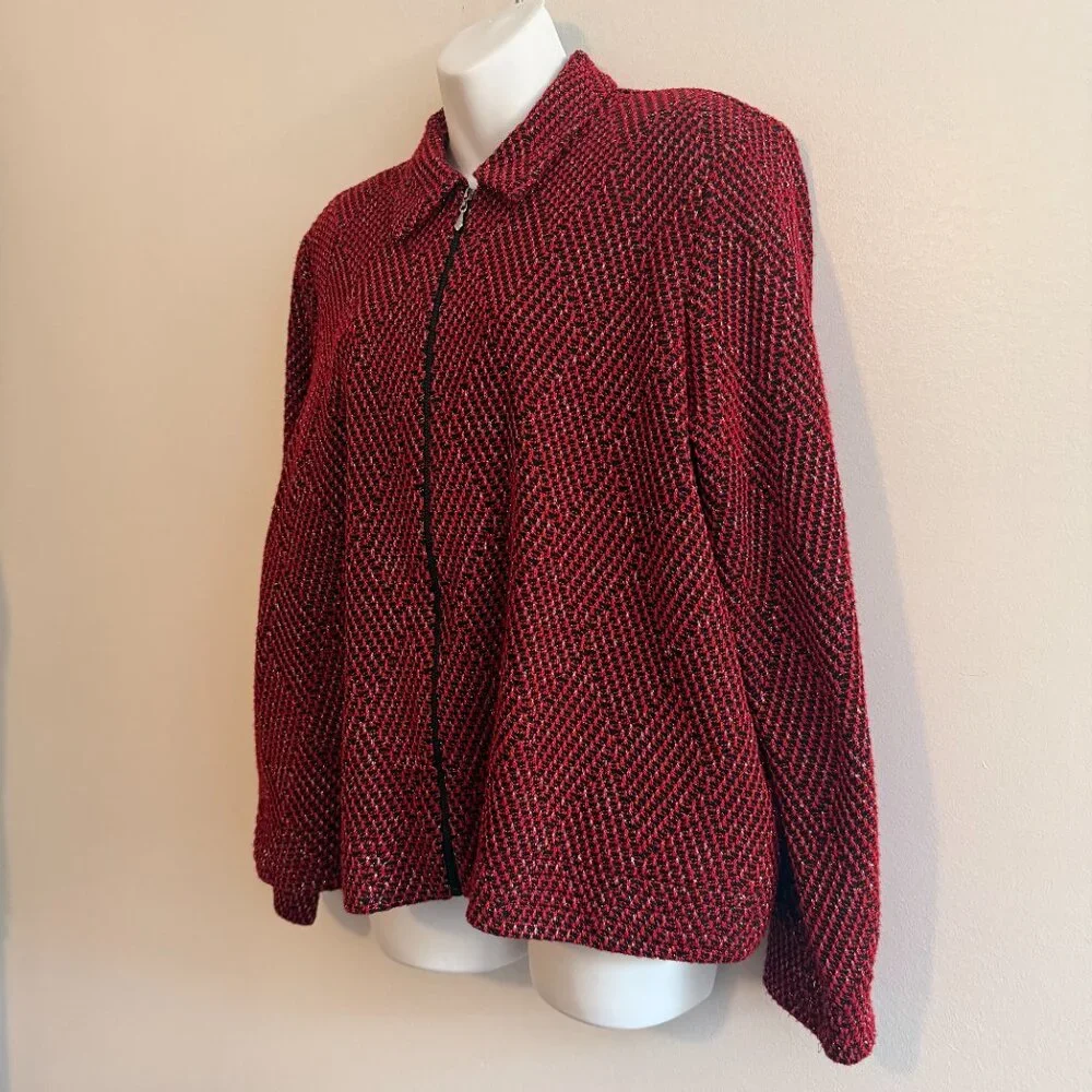 Alfred Dunner Petite Red Black Metallic Zip Jacket | 12P - Picture 5 of 13